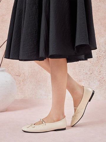 PAZZION, Issey Gathered Ruched Bow Mary Janes, Beige